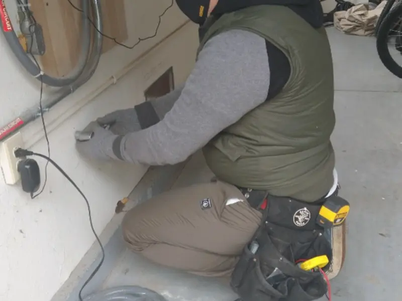 Electrician performing outlet wiring in a Stewartville garage